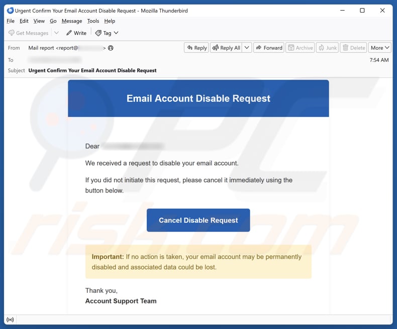 Email Account Disable Request e-mail spamcampagne