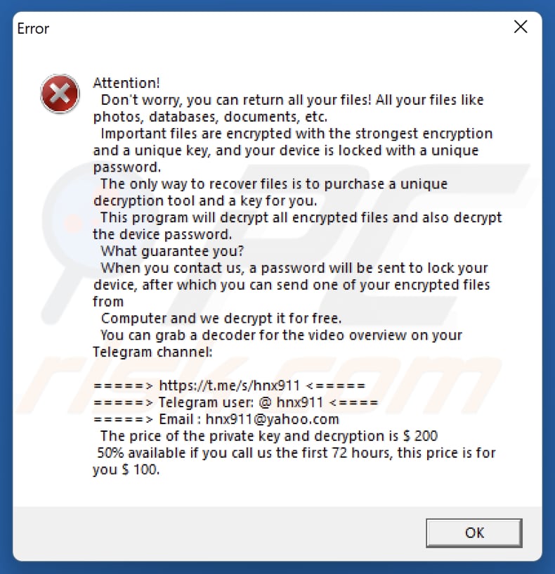 Hnx911 Ransomware foutmelding