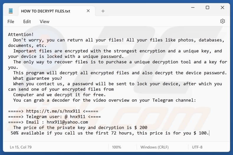 Hnx911 ransomware tekstbestand (HOW TO DECRYPT FILES.txt)