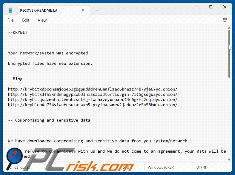 KRYBIT ransomware tekstbestand (RECOVER-README.txt)