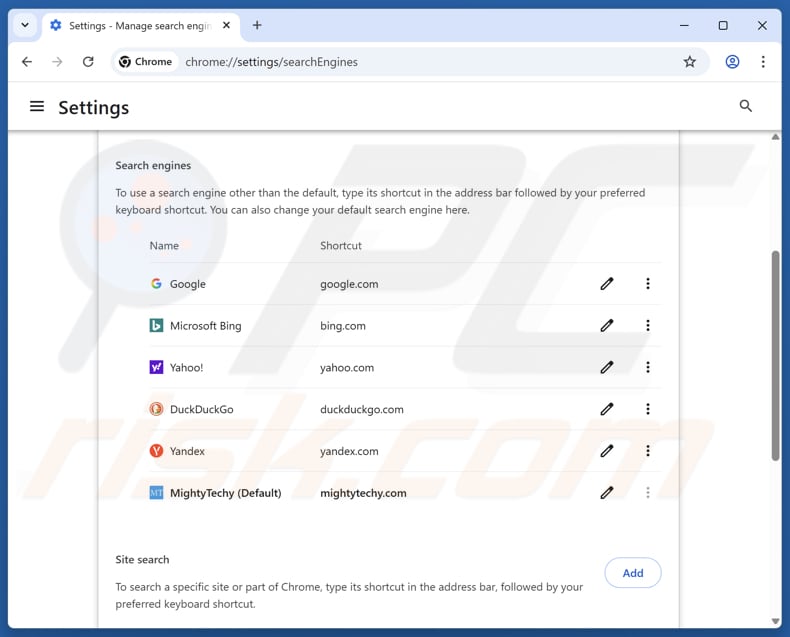 Verwijdering van mightytechy.com uit de standaardzoekmachine van Google Chrome