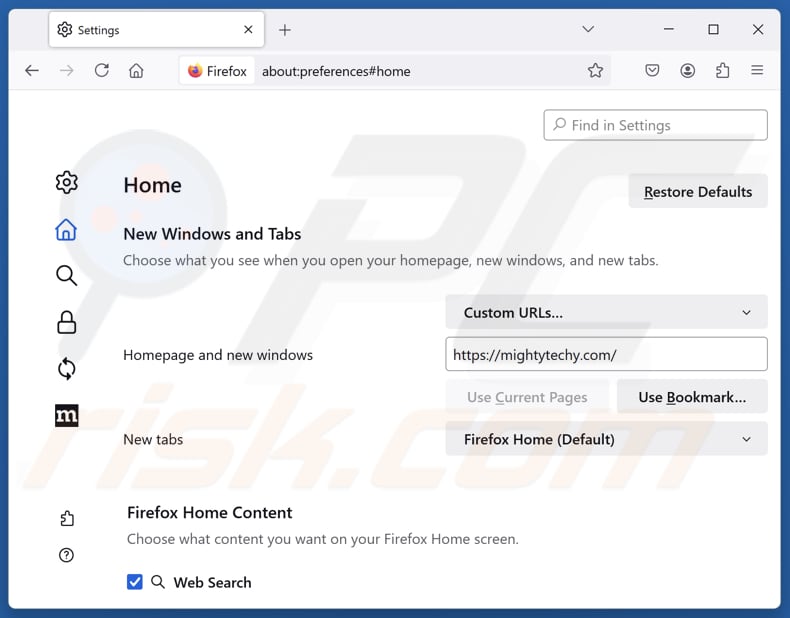 Verwijdering van mightytechy.com uit de Mozilla Firefox-startpagina