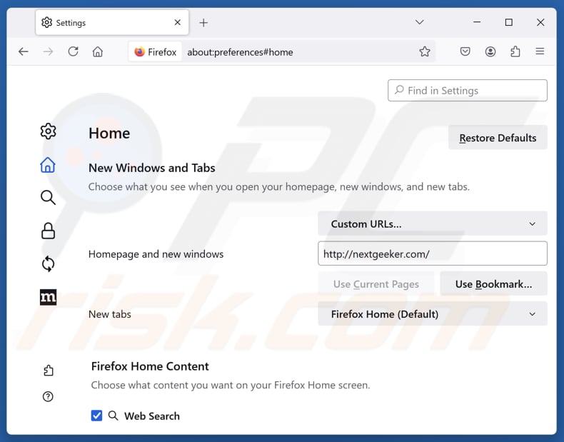 Verwijderen van nextgeeker.com uit de Mozilla Firefox startpagina