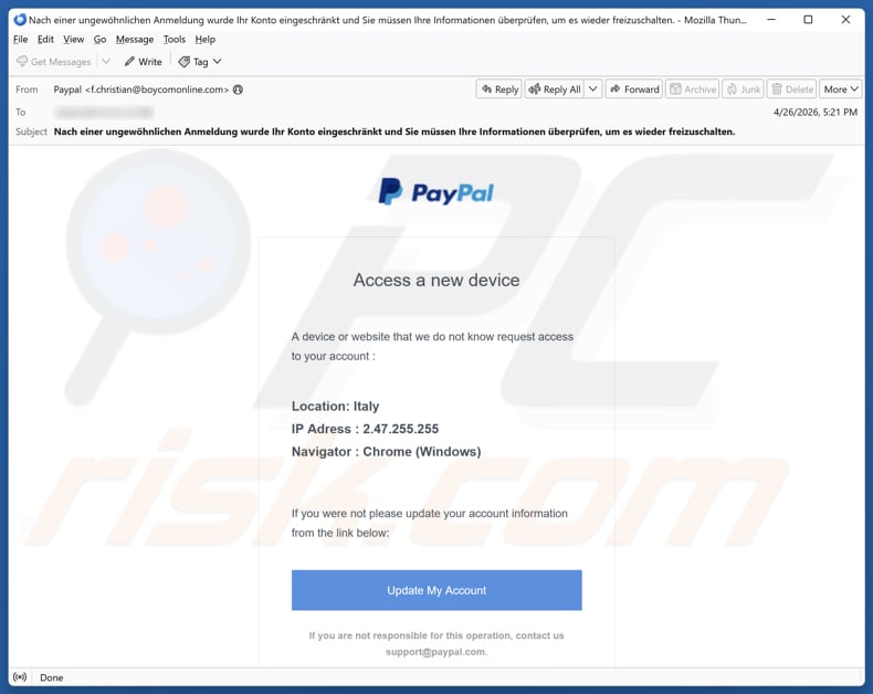 PayPal - Access From A New Device e-mail spamcampagne