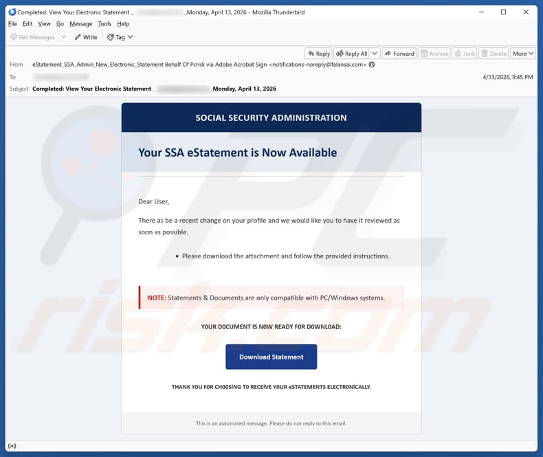 Social Security Administration (SSA) eStatement e-mail spamcampagne