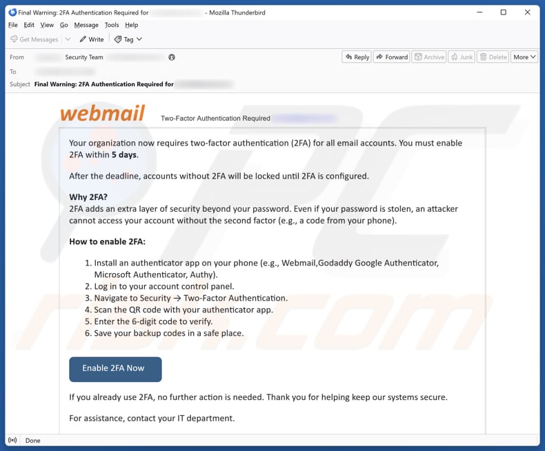 Webmail - Two-Factor Authentication (2FA) e-mail spamcampagne