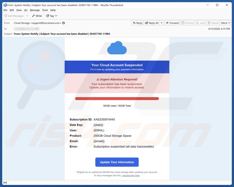 Your Cloud Account Suspended e-mail spamcampagne