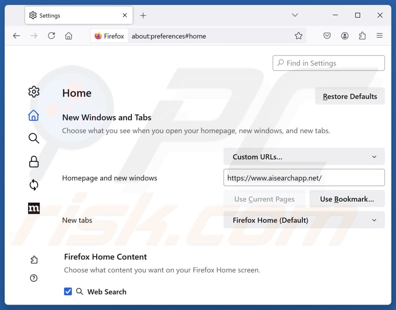 Verwijderen van aisearchapp.net uit de Mozilla Firefox startpagina