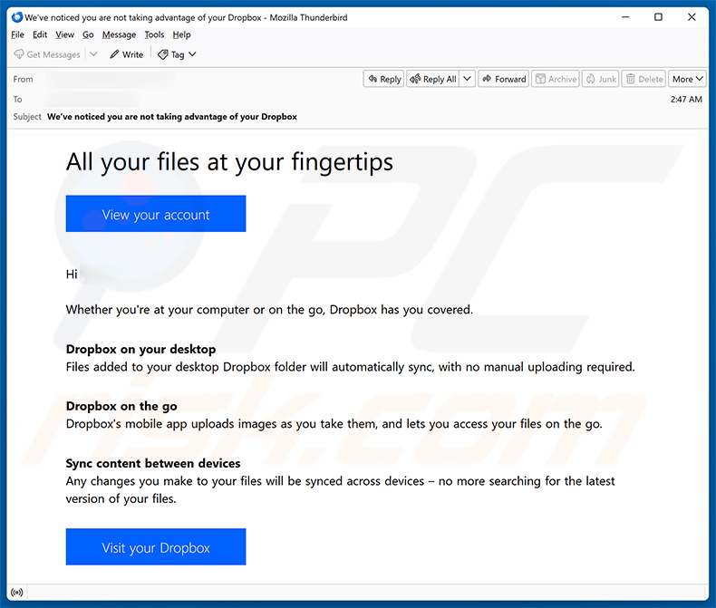 Dropbox Service Usage Reminder e-mailfraude e-mail spamcampagne