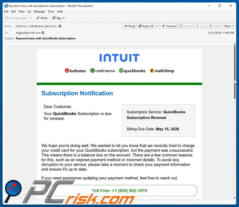 Intuit QuickBooks Subscription Is Due For Renewal fraude-e-mail (GIF)