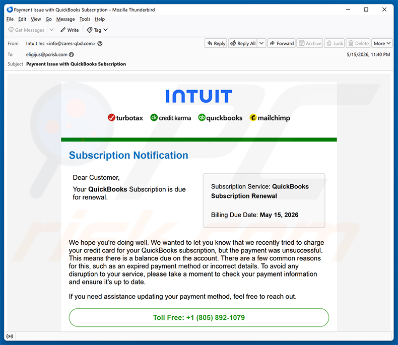 Intuit QuickBooks Subscription Is Due For Renewal e-mail spamcampagne