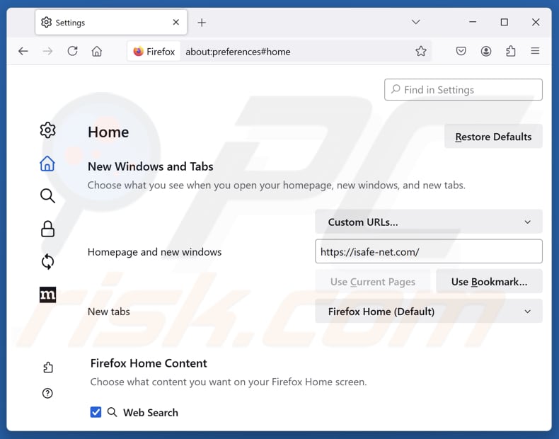 Verwijderen van isafe-net.com uit de Mozilla Firefox startpagina