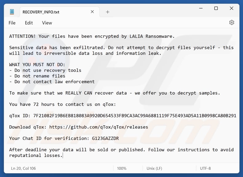Lalia ransomware tekstbestand (RECOVERY_INFO.txt)