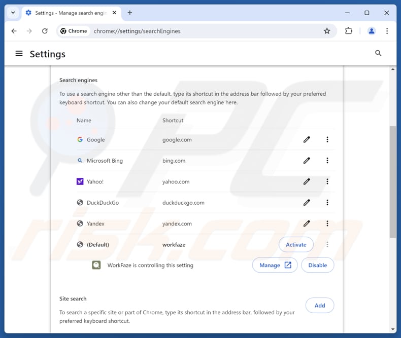 Verwijderen van myworkfaze.com uit de standaardzoekmachine van Google Chrome