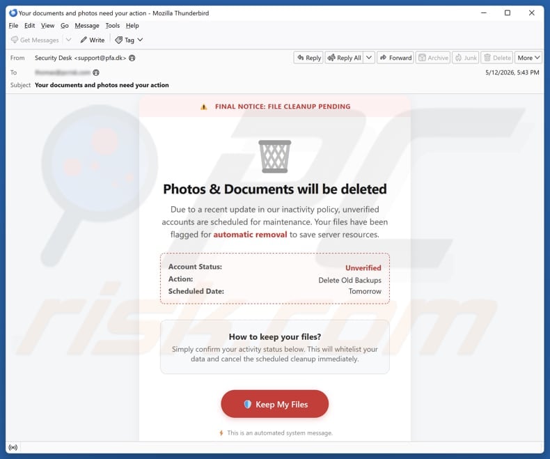 Photos & Documents Will Be Deleted e-mail spamcampagne