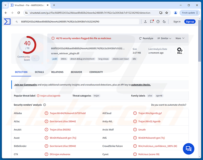 TCLBanker malware-detecties op VirusTotal