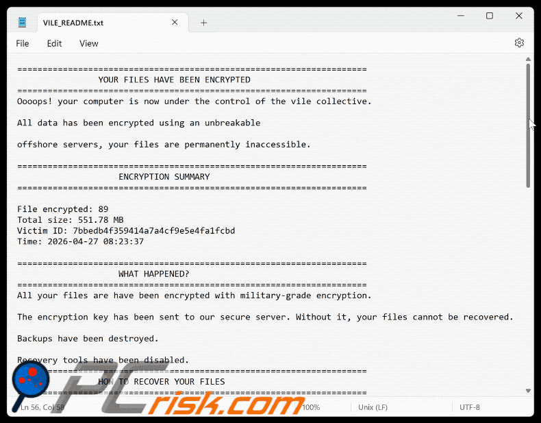 Vile ransomware tekstbestand (VILE_README.txt)