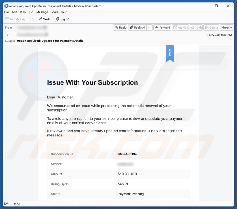 Wix Subscription Renewal e-mail spam campagne