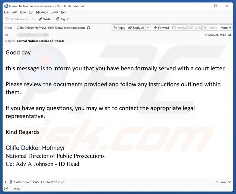 You Have Been Served With A Court Letter e-mail spamcampagne