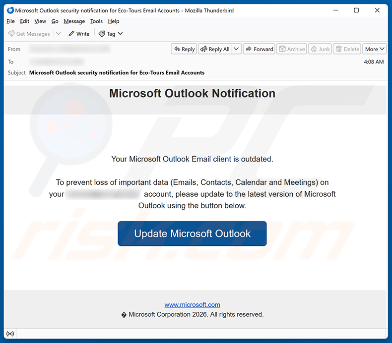 Your Microsoft Outlook Email Client Is Outdated e-mail spamcampagne