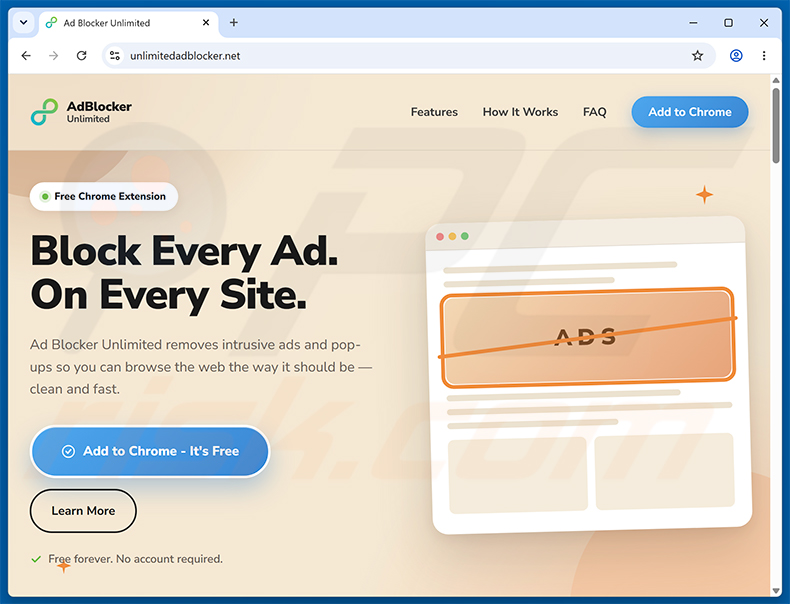 Website die Ad Blocker Unlimited extensie promoot (voorbeeld 1)