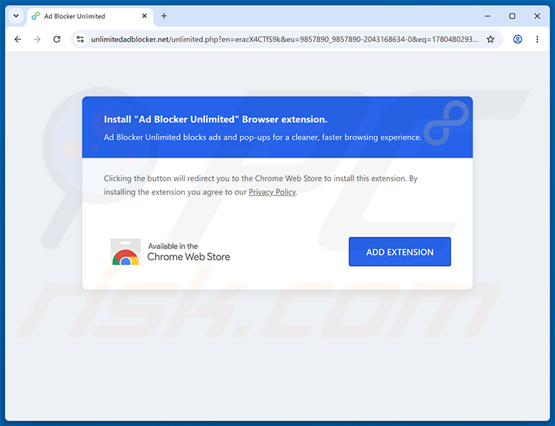 Website die Ad Blocker Unlimited extensie promoot (voorbeeld 2)