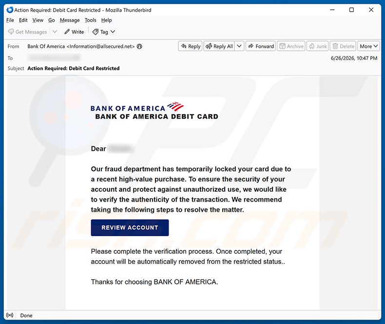 Bank Of America Card Locked e-mailspamcampagne