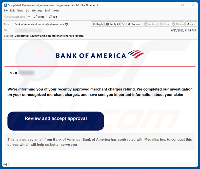Bank of America - Merchant Charges Refund e-mailspamcampagne