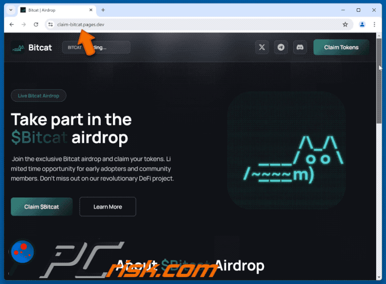 Het uiterlijk van $Bitcat Airdrop fraude (claim-bitcat.pages[.]dev) (GIF)
