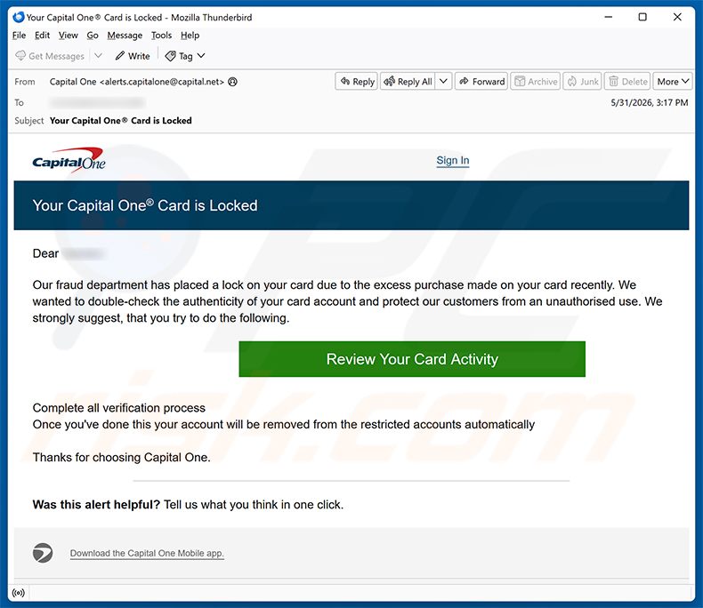 Capital One Card Is Locked e-mail spamcampagne