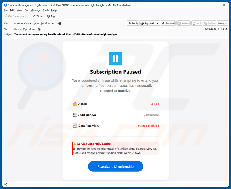 Cloud Subscription Paused e-mail spamcampagne