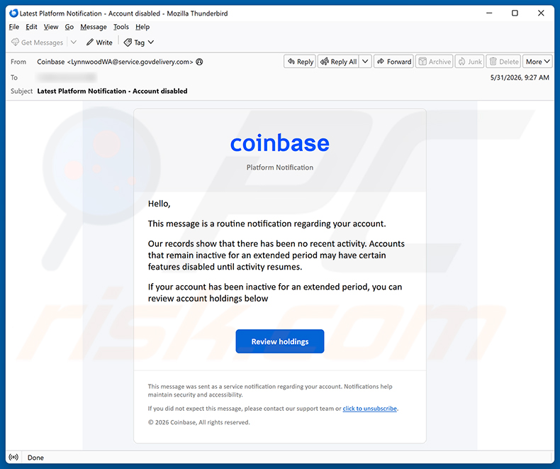 Coinbase - Disablement Of Inactive Accounts e-mailfraude e-mail spamcampagne