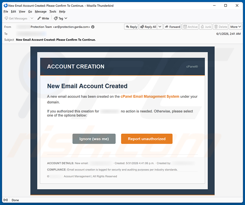 cPanel Account Creation e-mail spamcampagne