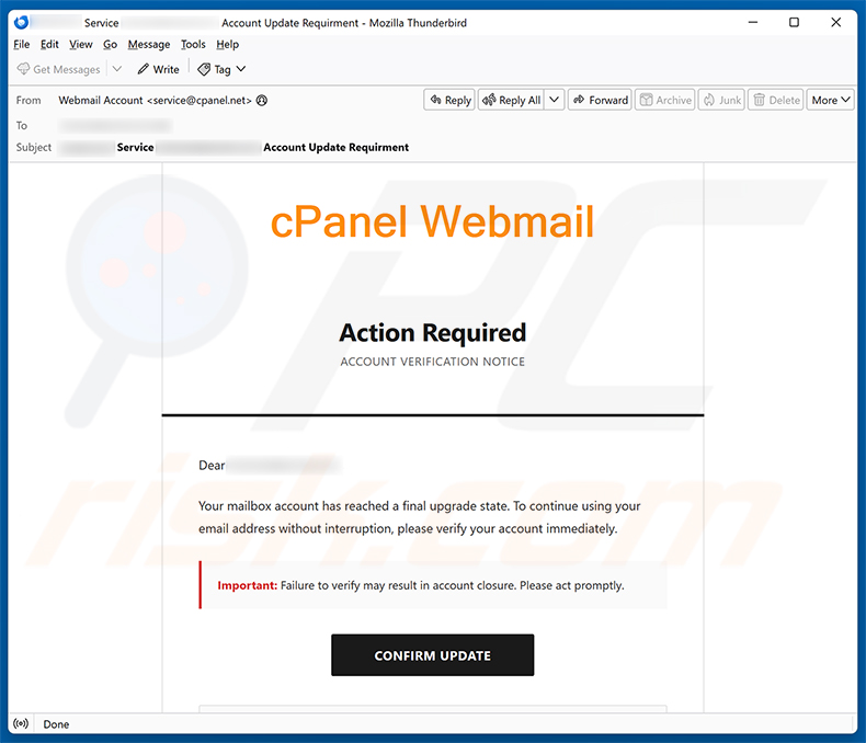 cPanel Final Account Upgrade State e-mailspamcampagne