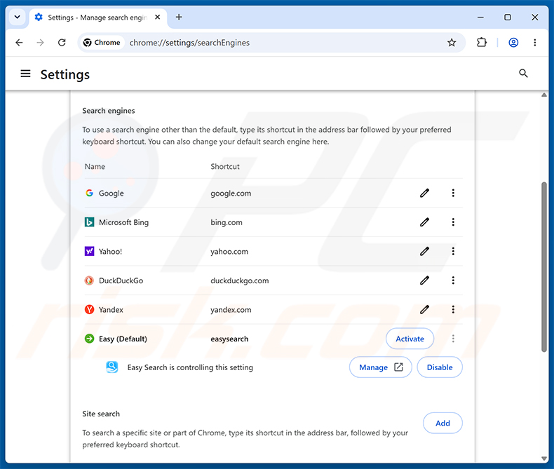 Verwijdering van easysearching.net uit de Google Chrome standaard zoekmachine