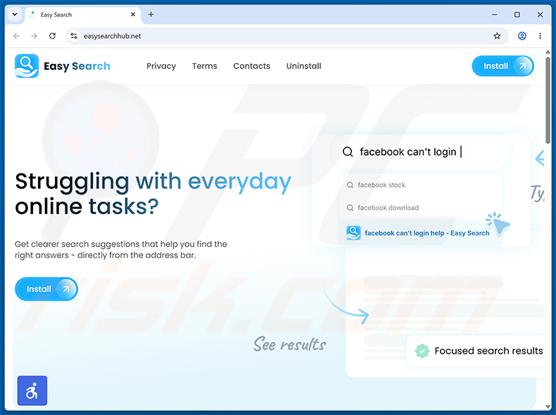 Website gebruikt om de Easy Search browserkaper te promoten (voorbeeld 1)