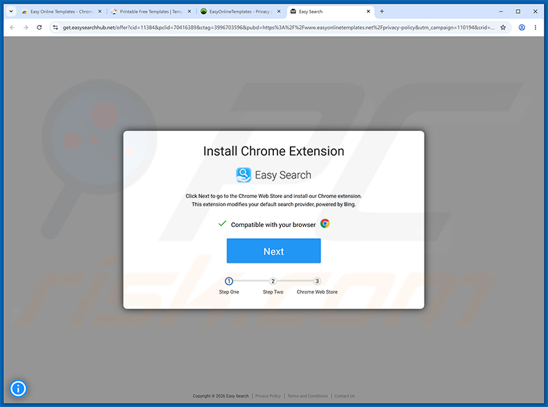 Website gebruikt om de Easy Search browserkaper te promoten (voorbeeld 2)
