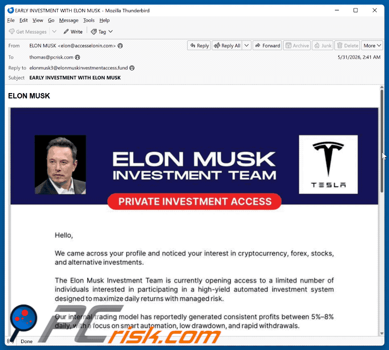 Volledige weergave van Elon Musk Investment Team scam-e-mail