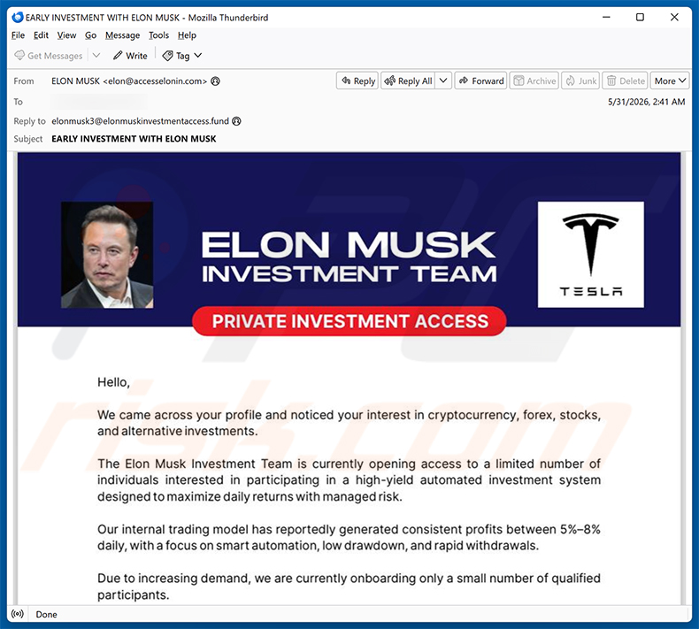 Elon Musk Investment Team e-mail spamcampagne