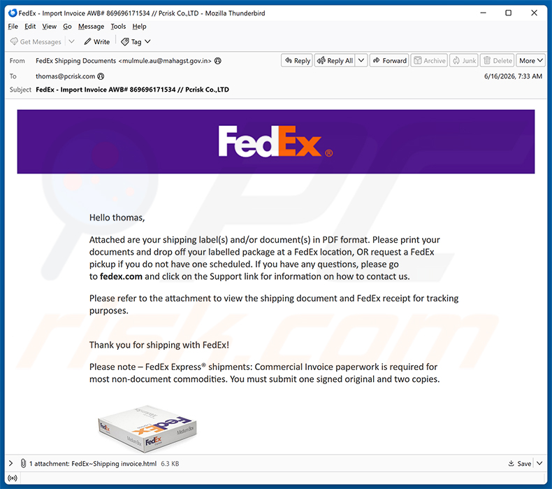 FedEx Shipping Labels/Documents In PDF Format e-mailfraude spamcampagne