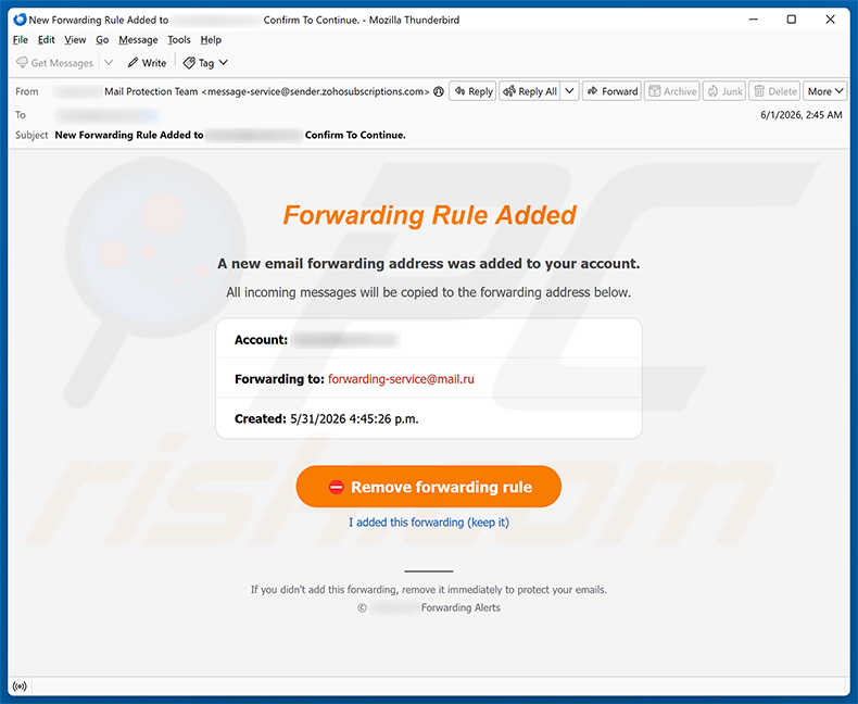 Forwarding Rule Added e-mail spamcampagne