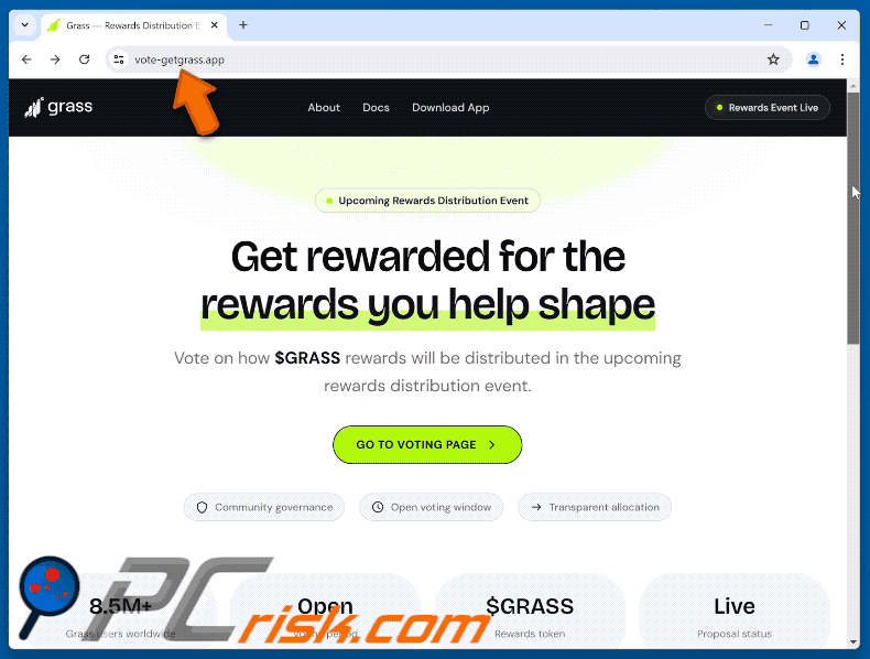 Verschijning van Grass Vote Rewards Scam-oplichting (GIF)