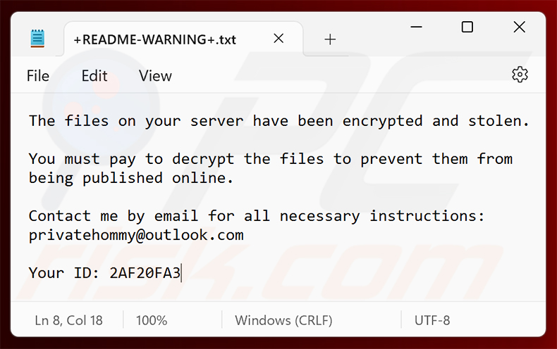 Hommy ransomware losgeldbericht (+README-WARNING+.txt)