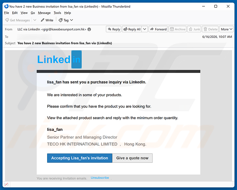 LinkedIn Purchase Inquiry e-mailfraude spamcampagne