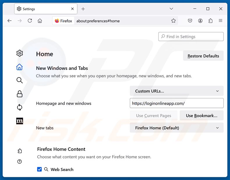 Easy Login (loginonlineapp.com) verwijderen van de startpagina van Mozilla Firefox