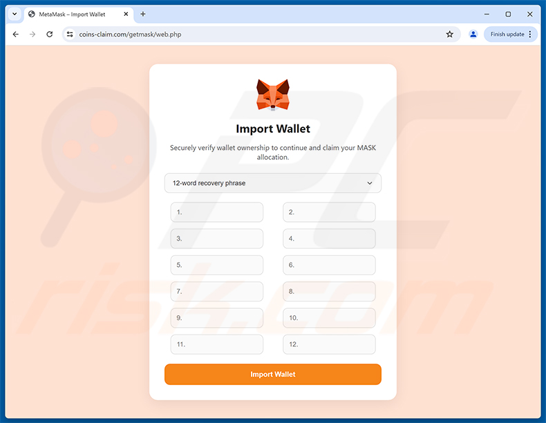 MetaMask ($MASK) Token Allocation phishingpagina (fase 3 - nep Import Wallet-pagina)