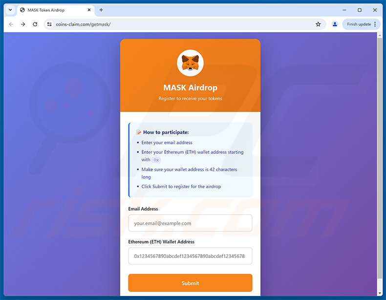 MetaMask ($MASK) Token Allocation phishingpagina (fase 1 - airdrop-registratieformulier)