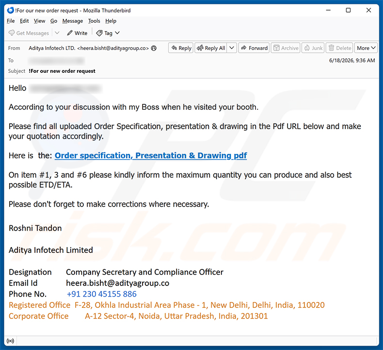 Order Specification, Presentation & Drawing e-mailfraude spamcampagne