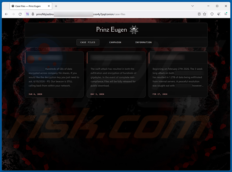 Datalek-site van Prinz Eugen ransomware