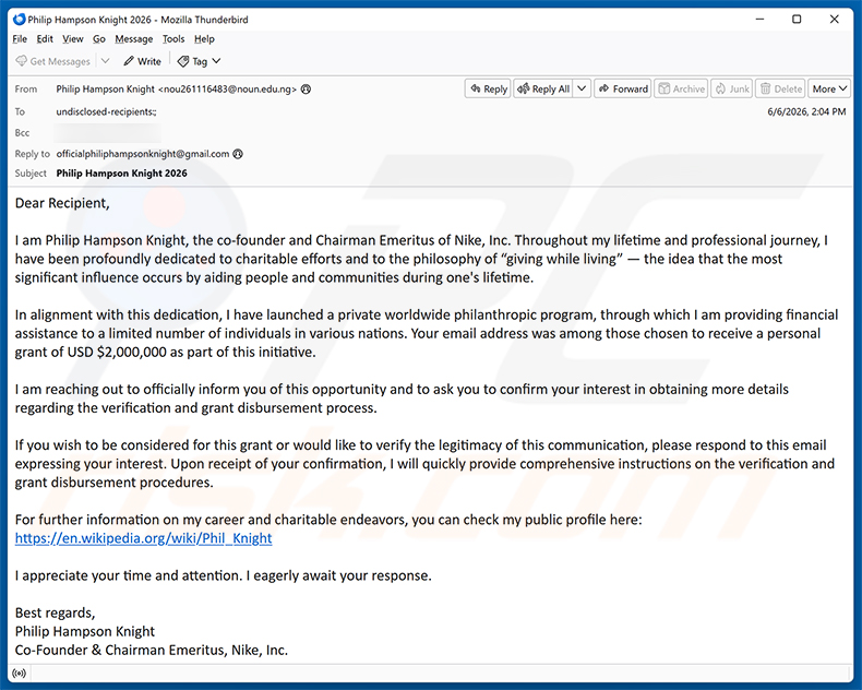 Private Worldwide Philanthropic Program e-mail spamcampagne